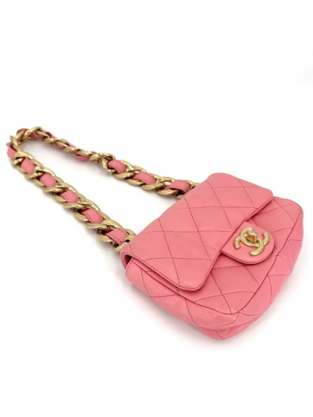 Chanel Big Shoulder Bag Mini Quilted Chain Turnlock Mini CC Logo Leather Pink